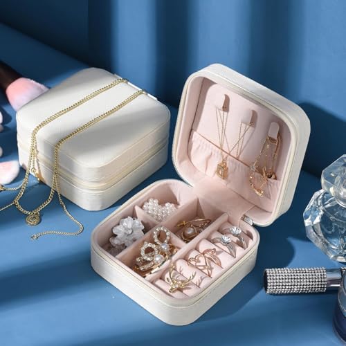 Estele Jewellery Organiser/Box Lightweight Leather Zipper Lock Portable Mini Jewellery Storage Box Case with Dividers Container for Ring, Earrings, Necklace Jewelry Organizer for Women Travel & Party - Image 2