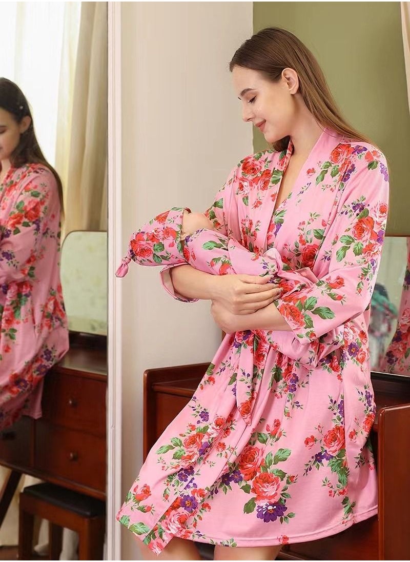 Generic - Matching Robe and Swaddle Set Mom And Baby - Mommy & Me Matching Outfits, Baby Blanket & Hospital Robe sets 4 Pink Size L - Image 1