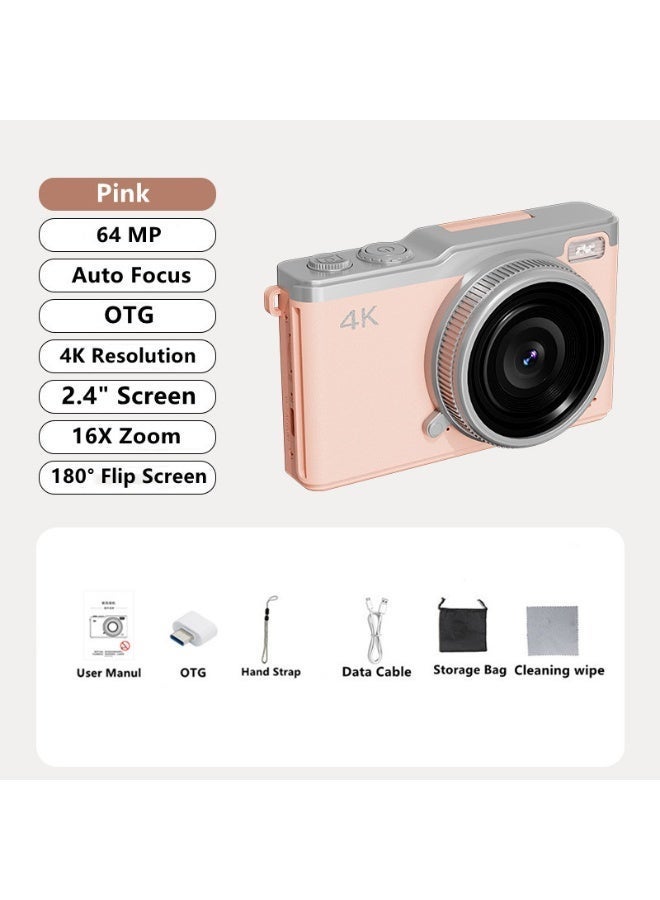 Makrystorm 4K Digital Camera, 64MP Vlogging Cameras, 16X Autofocus Point and Shoot Digital Camera with 2.4in 180°Flip Screen, Compact Vlog Travel Camara with 64G TF Card for Photography, Pink - Image 1