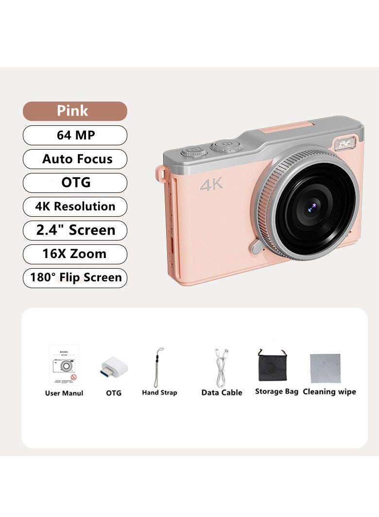 Makrystorm 4K Digital Camera, 64MP Vlogging Cameras, 16X Autofocus Point and Shoot Digital Camera with 2.4in 180°Flip Screen, Compact Vlog Travel Camara with 64G TF Card for Photography, Pink - Image 2