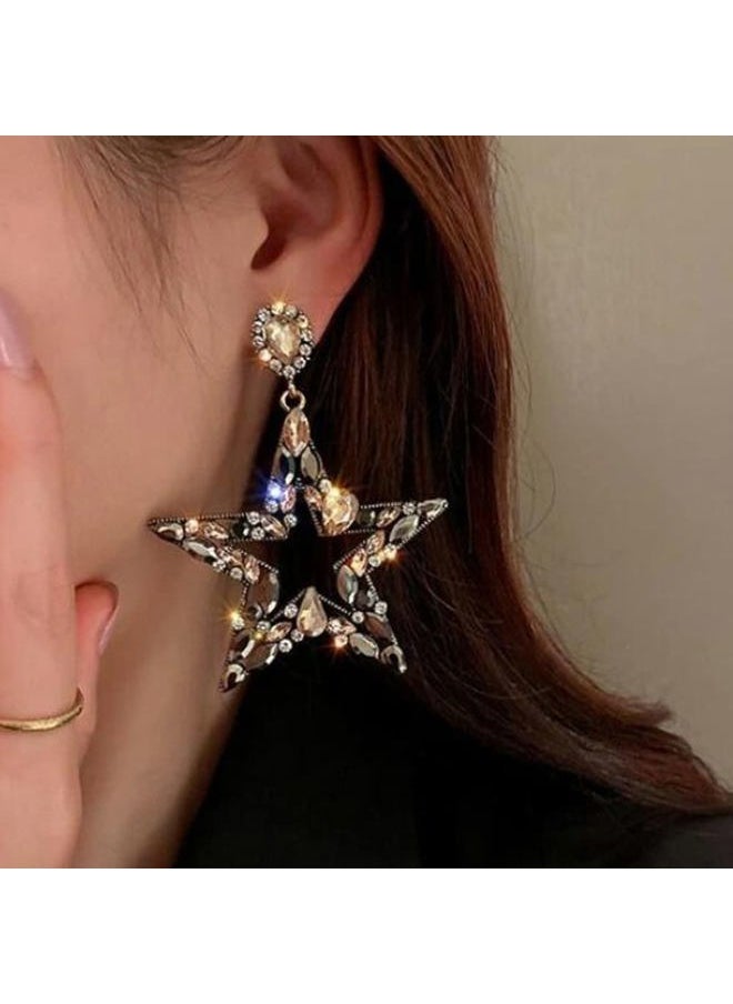 Missgrace - Gold Women's Long Sparkling Crystal Drop Earrings Star Rhinestone Dangle Earrings for Bridal Wedding Party Jewelry - Image 1