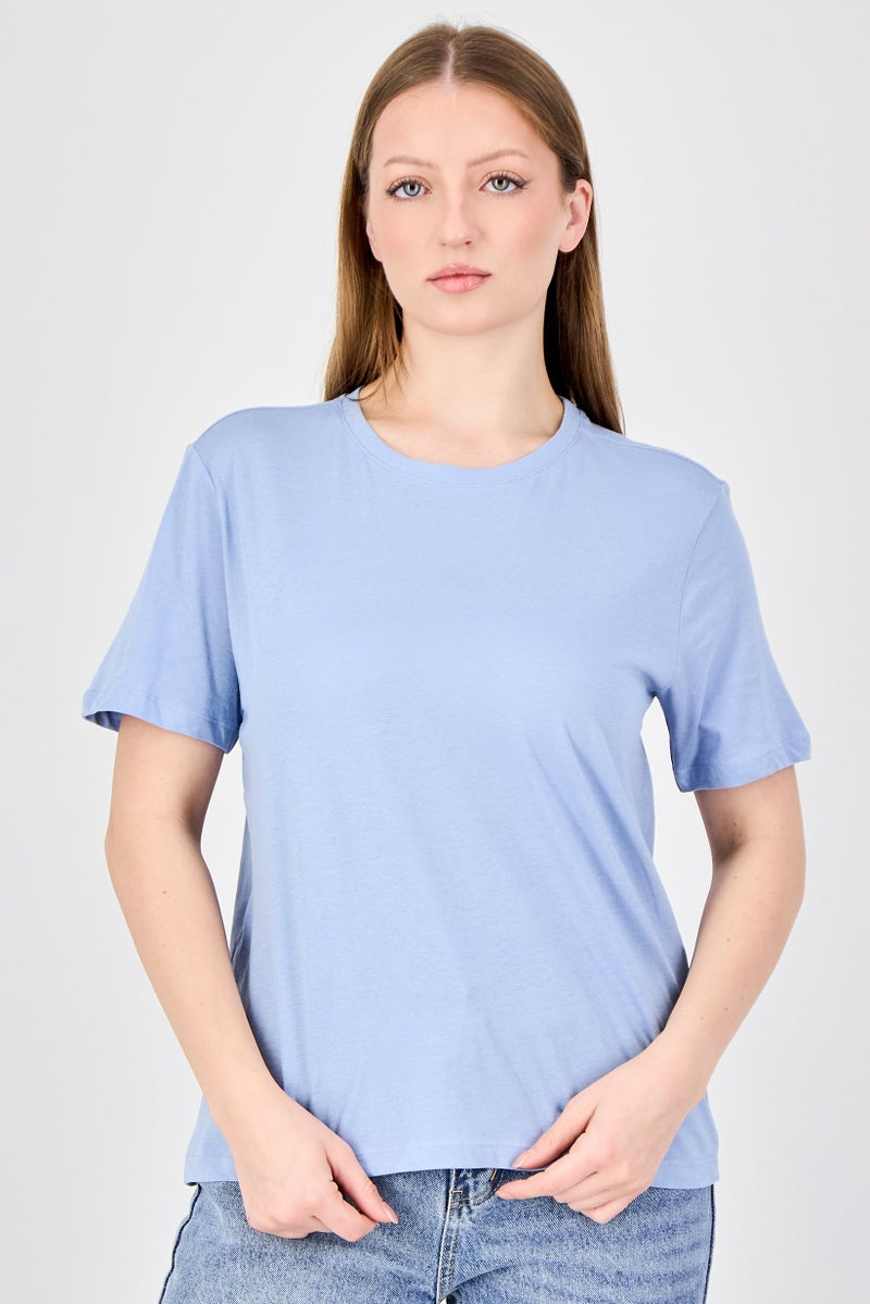 ONLY Women Crew Neck Short Sleeve Plain T-Shirt, Blue - Image 1