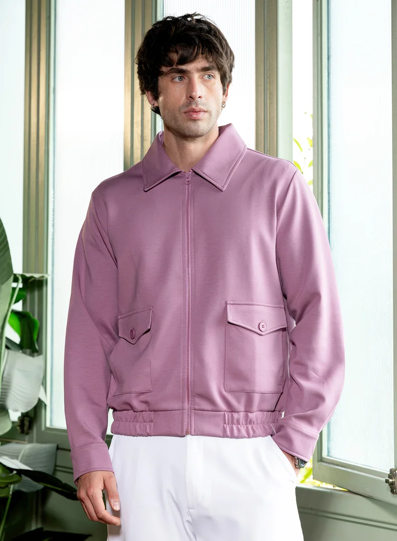 Campus Sutra Men Zip-Front Knit Jacket | Point Collar, Long Button-Cuff Sleeves | Zipper , Stretch-Straight Hem | Solid Fleece Knitted Fabric For Casual & Daily Wear | Lilac