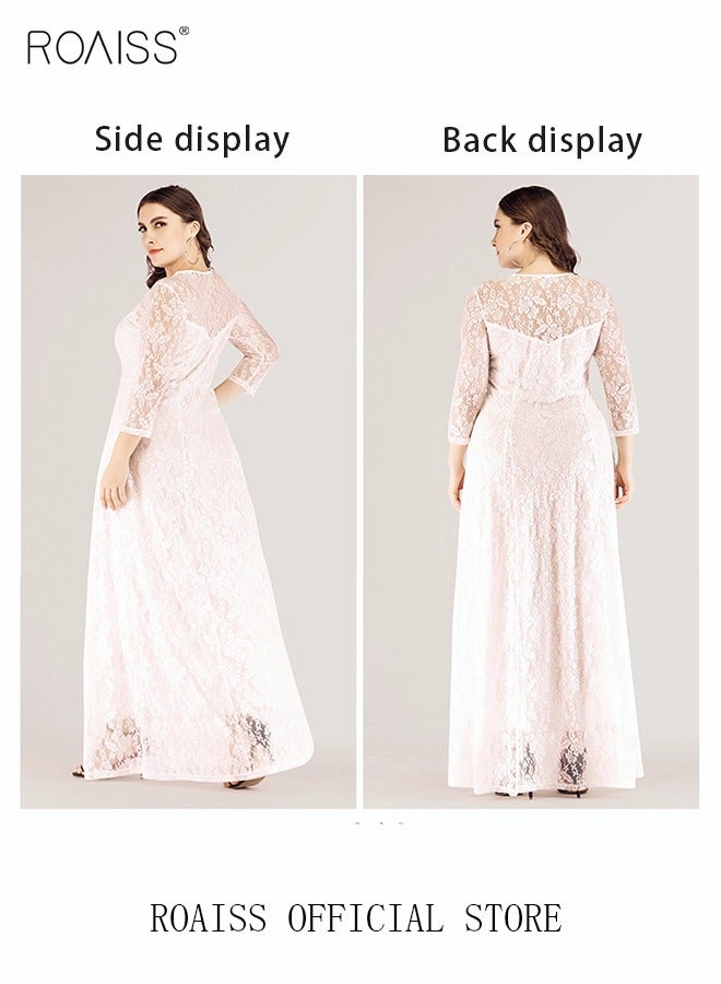 roaiss Women's Plus Size Lace Dress for Wedding Party Dating Solid Color Midi Long Loose Dress Transparent three quarter Sleeve Boat Neck Large Hem Elegant Evening Dresses White  - Image 2