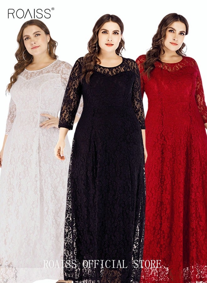 roaiss Women's Plus Size Lace Dress for Wedding Party Dating Solid Color Midi Long Loose Dress Transparent three quarter Sleeve Boat Neck Large Hem Elegant Evening Dresses White  - Image 5
