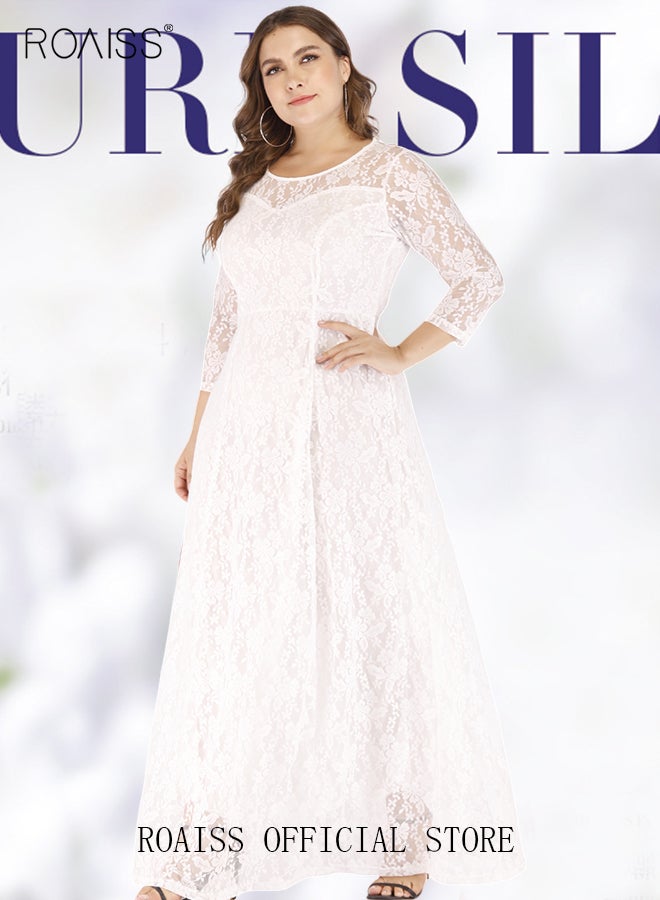 roaiss Women's Plus Size Lace Dress for Wedding Party Dating Solid Color Midi Long Loose Dress Transparent three quarter Sleeve Boat Neck Large Hem Elegant Evening Dresses White  - Image 1