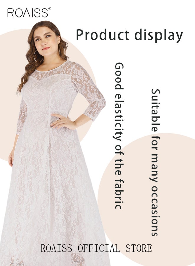 roaiss Women's Plus Size Lace Dress for Wedding Party Dating Solid Color Midi Long Loose Dress Transparent three quarter Sleeve Boat Neck Large Hem Elegant Evening Dresses White  - Image 3