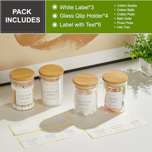 INIUNIK 4 Pack Qtip Holder Dispenser - Glass Apothecary Jars with Lids, Cotton Ball Pad Swab Round Holder, Bamboo Bathroom Accessories, Bathroom Organizers Containers Jars Canisters with Lids - Image 2