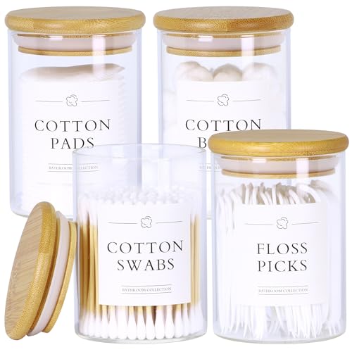 INIUNIK 4 Pack Qtip Holder Dispenser - Glass Apothecary Jars with Lids, Cotton Ball Pad Swab Round Holder, Bamboo Bathroom Accessories, Bathroom Organizers Containers Jars Canisters with Lids - Image 1