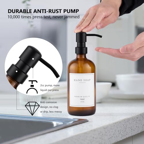 eggs sound Thick Glass Soap Dispenser - Kitchen Dish Hand Soap Dispenser Set, Rustproof Pump Soap Lotion Dispenser Bathroom with Tray,14 Stickers for Kitchen Decor Amber Bottle/Black Pump - Image 5