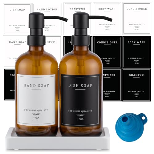 eggs sound Thick Glass Soap Dispenser - Kitchen Dish Hand Soap Dispenser Set, Rustproof Pump Soap Lotion Dispenser Bathroom with Tray,14 Stickers for Kitchen Decor Amber Bottle/Black Pump - Image 1