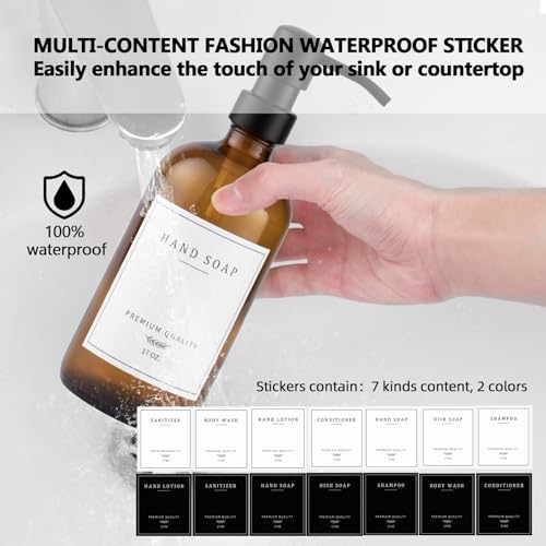 eggs sound Thick Glass Soap Dispenser - Kitchen Dish Hand Soap Dispenser Set, Rustproof Pump Soap Lotion Dispenser Bathroom with Tray,14 Stickers for Kitchen Decor Amber Bottle/Black Pump - Image 4