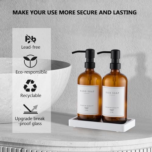 eggs sound Thick Glass Soap Dispenser - Kitchen Dish Hand Soap Dispenser Set, Rustproof Pump Soap Lotion Dispenser Bathroom with Tray,14 Stickers for Kitchen Decor Amber Bottle/Black Pump - Image 3