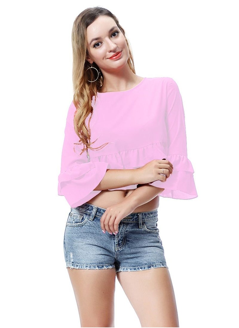 إسكدنيا - Women's Solid Color Round Neck Top Loose Ruffled Blouse Light Pink - Image 1