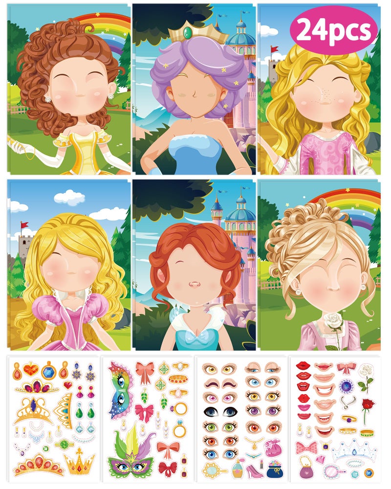 Greingways 24 Pcs Make Your Own Princess Sticker Sheet, Princess Party Favors Face Stickers for Kids Girls Toddlers Crafts Activities Bags Birthday Party Favors Valentines Day Gifts for Kids Classroom - Image 1