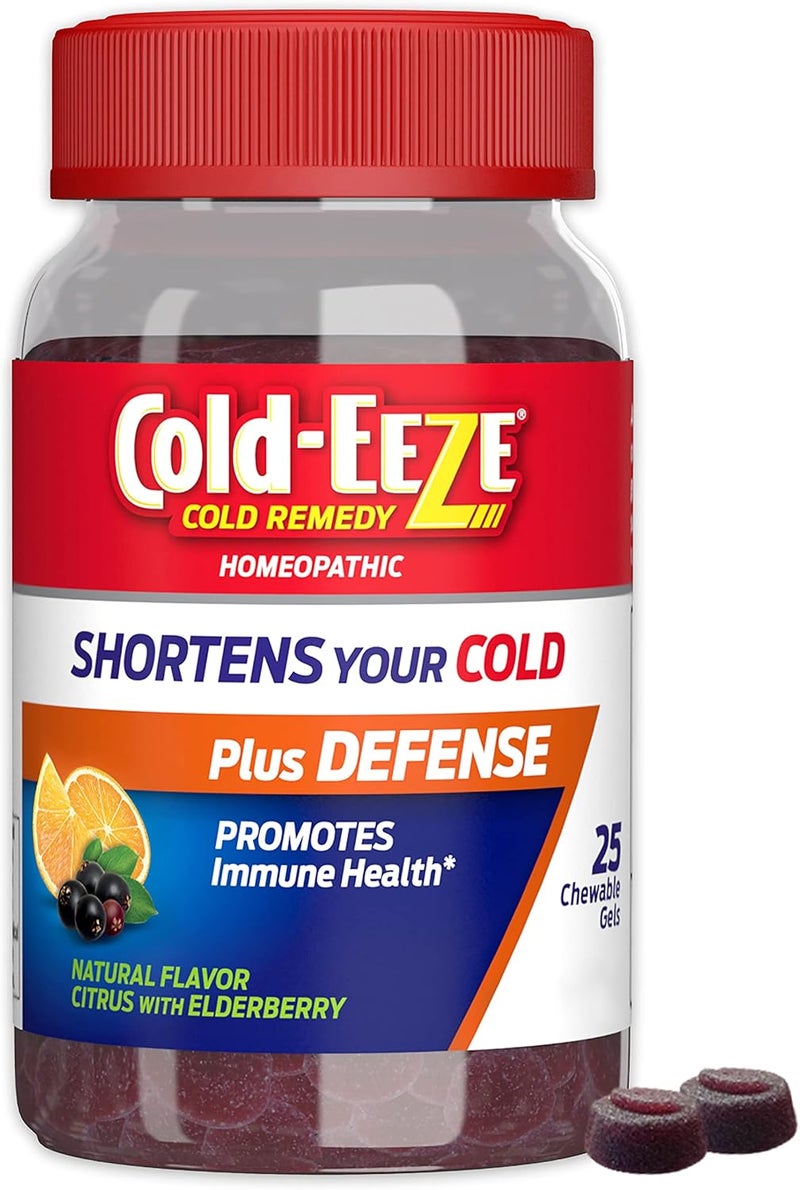 Cold-EEZE Cold-EEZE Plus Defense Natural Citrus & Elderberry Zinc Chewable Gels, Homeopathic Cold Remedy, Shortens Common Cold Symptoms, Promotes Immune Health with Sambucus Nigra, Echinacea & Rose Hips, 25 Ct 