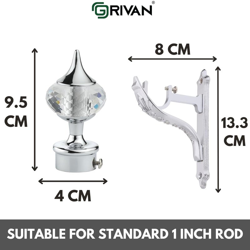 GRIVAN Aluminium Silver Finish Diamond Curtain Brackets Parda Holders with Jaguar Support Fittings 1 Inch Rod Pocket Finials for Door and Window (Silver, Pair of 4) - Image 4