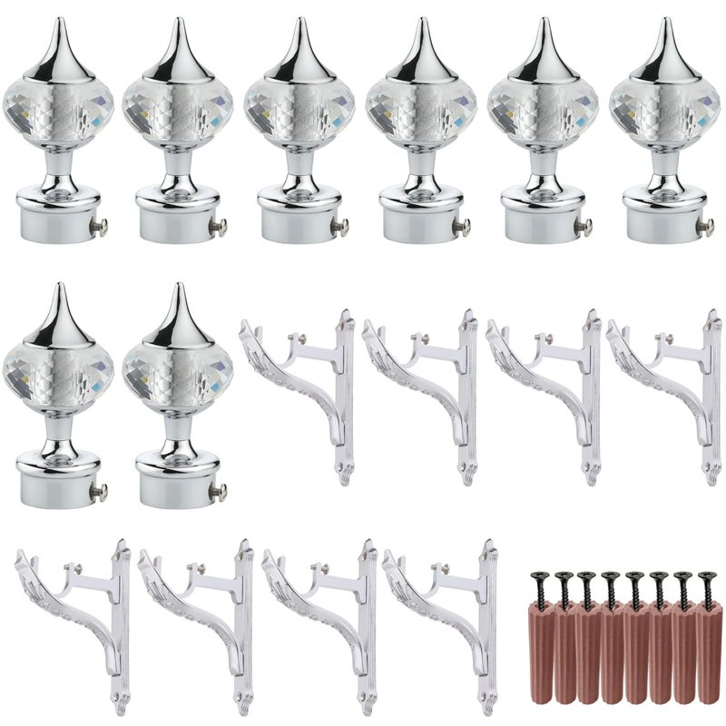 GRIVAN Aluminium Silver Finish Diamond Curtain Brackets Parda Holders with Jaguar Support Fittings 1 Inch Rod Pocket Finials for Door and Window (Silver, Pair of 4) - Image 1