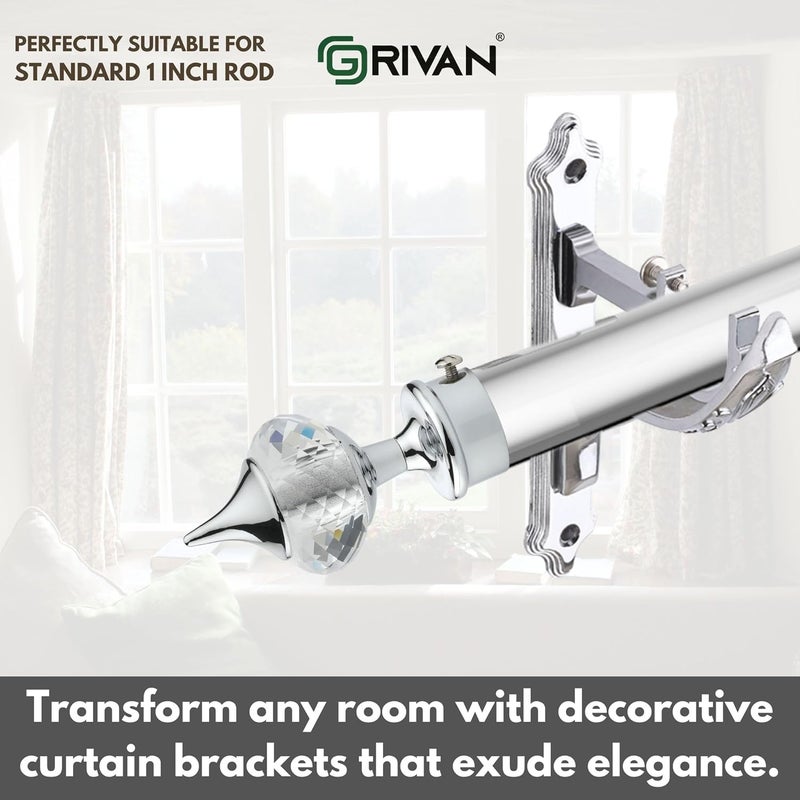 GRIVAN Aluminium Silver Finish Diamond Curtain Brackets Parda Holders with Jaguar Support Fittings 1 Inch Rod Pocket Finials for Door and Window (Silver, Pair of 4) - Image 5