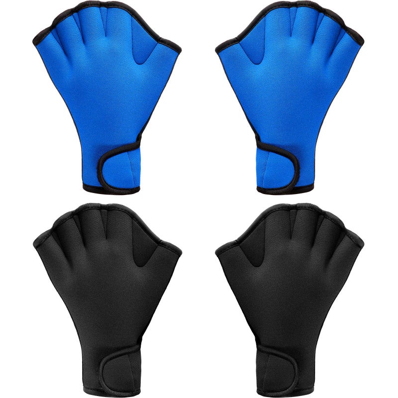 Sumind 2 Pairs Swimming Gloves Aquatic Training Gloves Neoprene Mittens Webbed Fitness Water Resistance Training Mittens for Men Women Swimming Diving with Wrist Strap(Large,Black, Blue) - Image 1