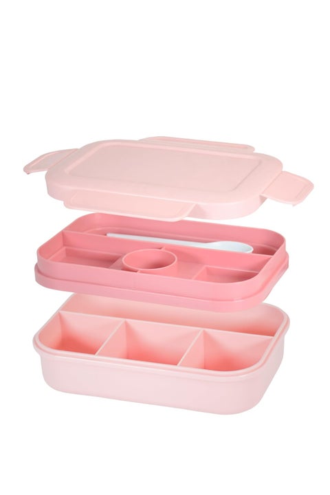 صندوق غداء بينتو، صندوق غداء بينتو قابل للتكديس، حاوية تخزين طعام مزدوجة الطبقات مكونة من 8 أقسام مع مجموعة أدوات مائدة، مادة مقاومة للتسرب آمنة على الطعام، مناسبة للمدرسة والعمل والسفر والتخييم (وردي)