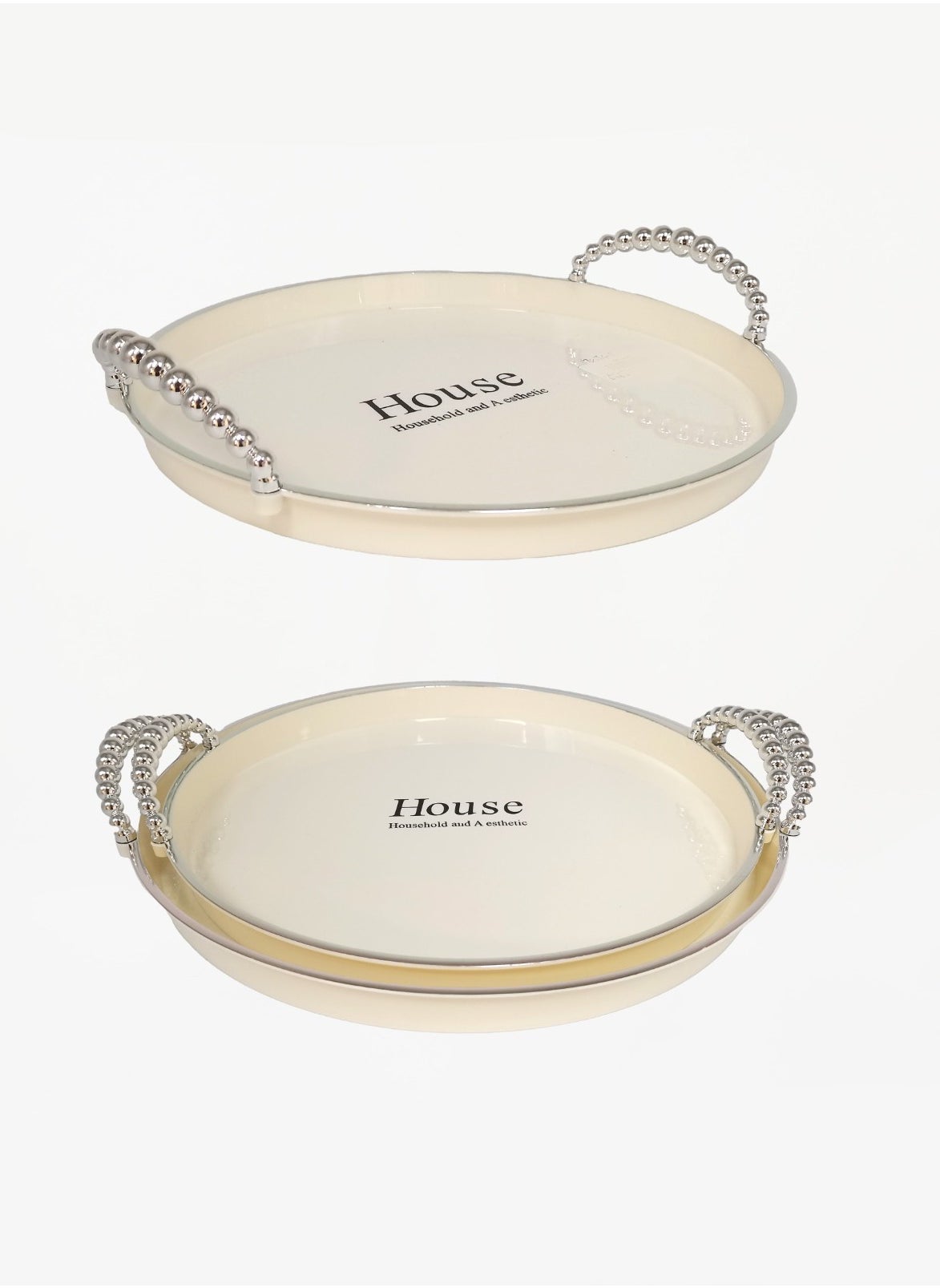 Living A set of two-piece circular serving trays with an elegant wavy design, sugar/silver 