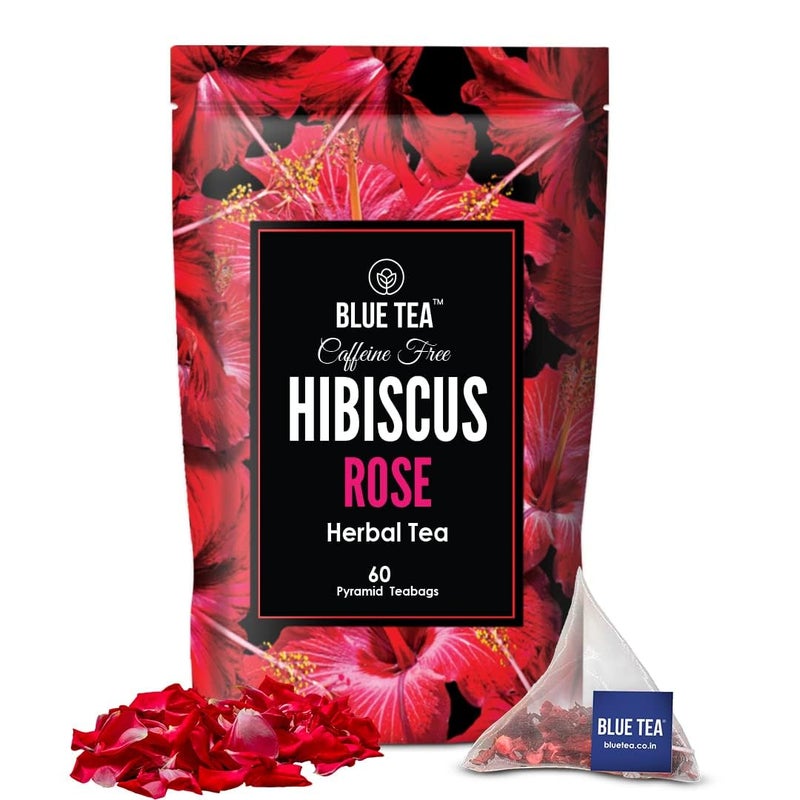 BLUE TEA - Hibiscus Rose Tea - 60 Tea Bags - Plant Based || SKIN GLOW ENHANCING TEA || Caffeine Free - Flower Based - Tangy Flavor - Vegan - Gluten Free - Non-GMO - Herbal Tea | Ziplock Pouch - Image 1
