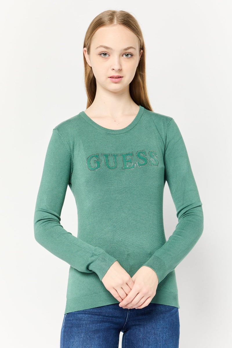 GUESS Women Crew Neck Long Sleeve Brand Logo T-Shirt, Green  - Image 1
