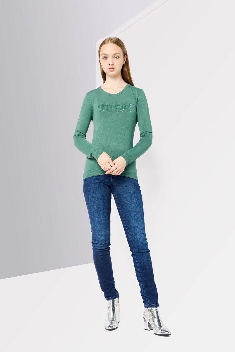 GUESS Women Crew Neck Long Sleeve Brand Logo T-Shirt, Green  - Image 4