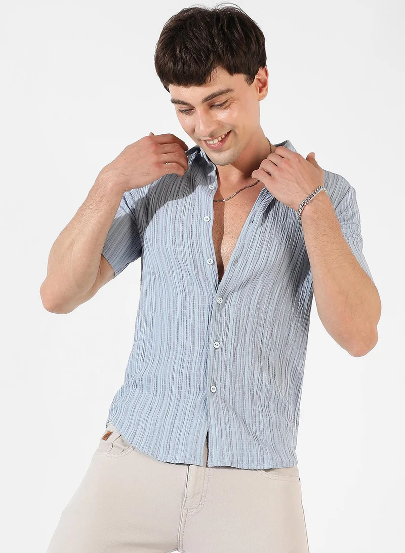 Campus Sutra Men's Light Blue Textured Regular Fit Casual Shirt