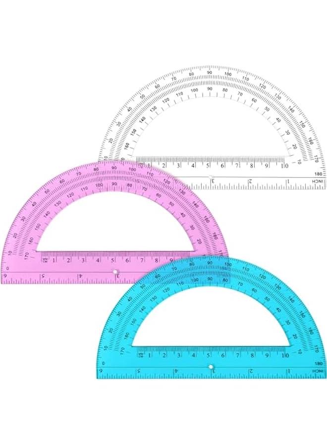 Arabest 3 Pack 6 Inch Plastic Protractor Back to School Protractors 180 Degrees Pink Blue Clear Protractors for Classroom Math Teacher Student Office Supplies - Image 1