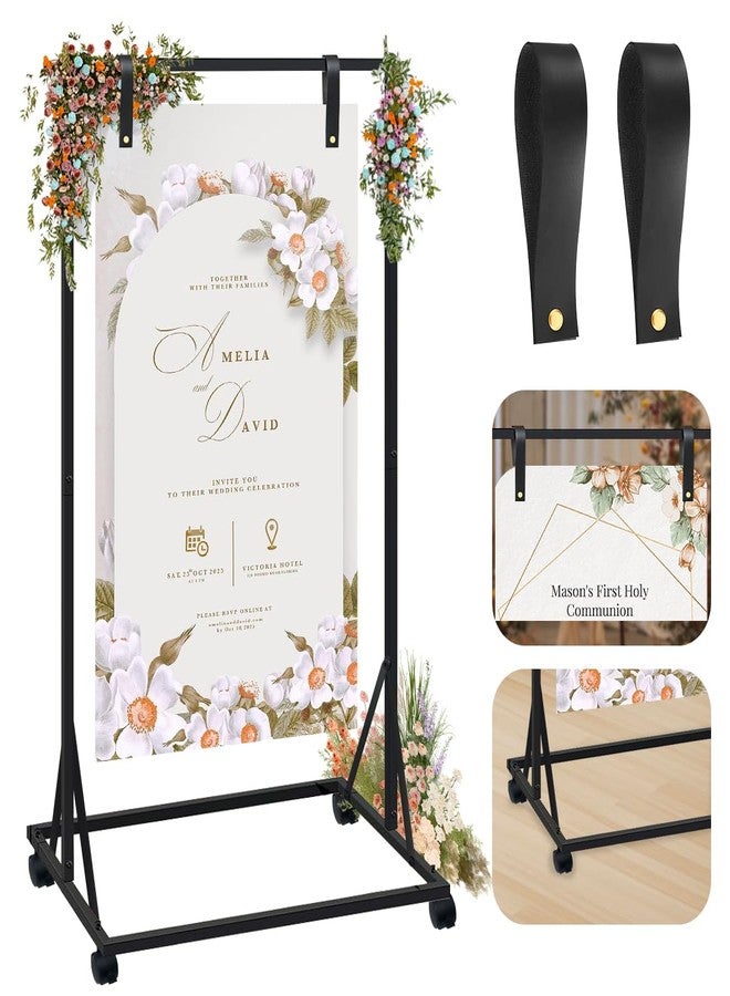 ZERTNROW Wedding Welcome Sign Holder with Detachable Casters, Adjustable Welcome to Our Wedding Sign Stand, Leather Hanging Straps,Stabilized with Triangular Reinforcement,Heavy Duty Easel Stand for Sign (black) - Image 2