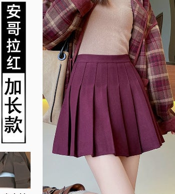 Woolen Dress Womens 2024 Autumn and Winter New Korean Style High Waist Pleated Skirt Joker Small A- line Plaid Skirt Angora red [extended style]