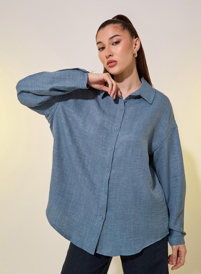 تايك تو قميص نسائي أزرق سادة بأكمام طويلة كبير الحجم - Image 3