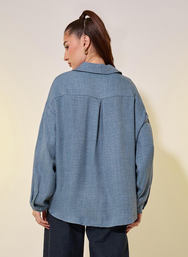 تايك تو قميص نسائي أزرق سادة بأكمام طويلة كبير الحجم - Image 5