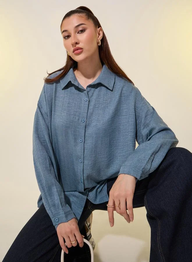 تايك تو Women Blue Solid Long Sleeve Oversized Shirt