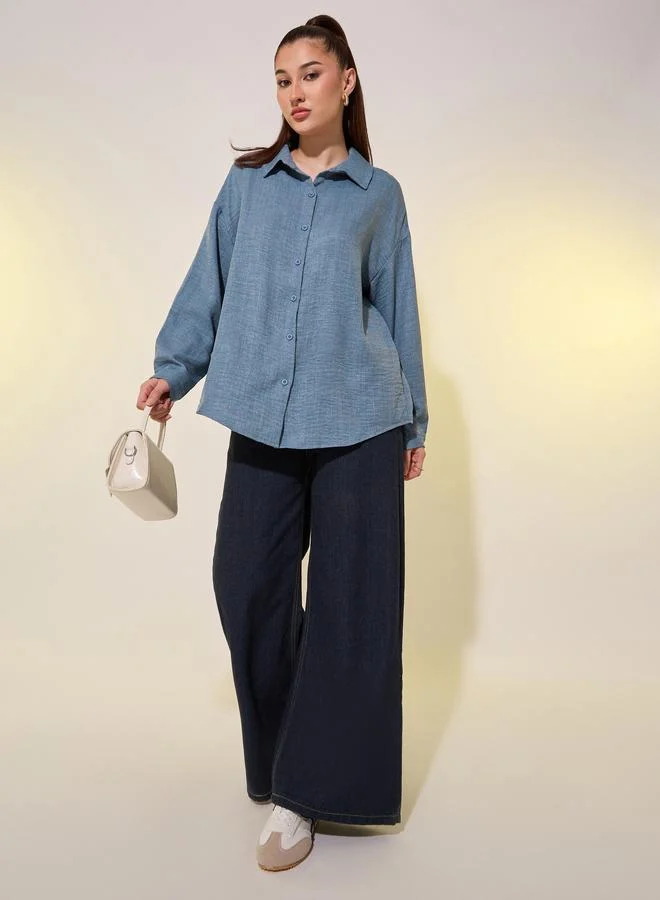 تايك تو Women Blue Solid Long Sleeve Oversized Shirt