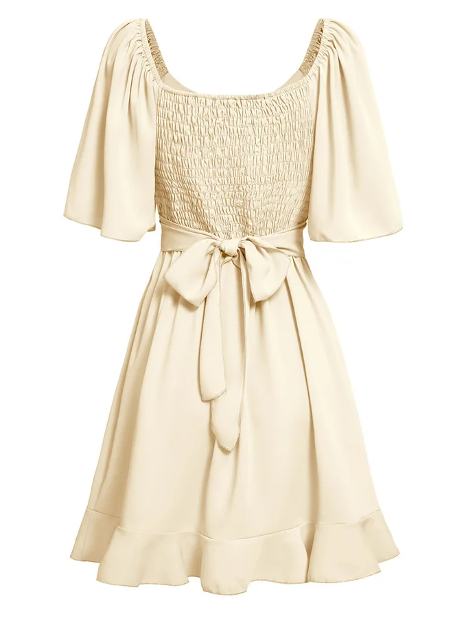 Take Two Take Two Beige Solid Short Sleeve Layered Hem Mini Dress
