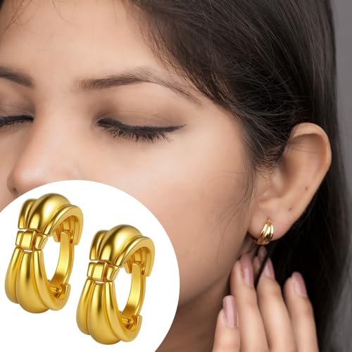 VAMA FASHIONS 18K Gold Plated Anti Tarnish Textured Classic Huggie Hoop Round Plain Bali Earrings Lightweight Traditional & Western Look Ear Hoops Stud Jewellery for Women & Girls - Image 5