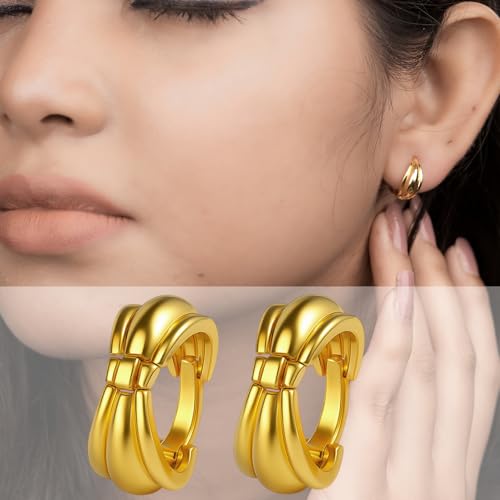 VAMA FASHIONS 18K Gold Plated Anti Tarnish Textured Classic Huggie Hoop Round Plain Bali Earrings Lightweight Traditional & Western Look Ear Hoops Stud Jewellery for Women & Girls - Image 2