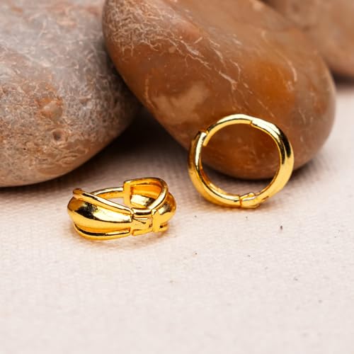 VAMA FASHIONS 18K Gold Plated Anti Tarnish Textured Classic Huggie Hoop Round Plain Bali Earrings Lightweight Traditional & Western Look Ear Hoops Stud Jewellery for Women & Girls - Image 4