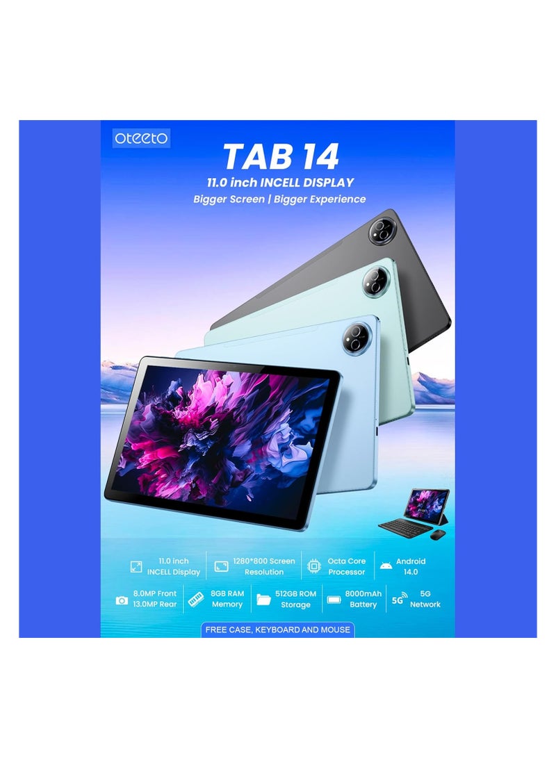 Oteeto TAB 14 Tablet/11. Inch Incell Display//Octa Core 2.0GHz Processor/Android 14/8MP Front + 13 MP Rear Camera/8GB RAM + 512GB ROM/8000 mAH Battery/4G Dual SIM/5G Wifi/Keyboard/Flip Cover etc - Blue - Image 3