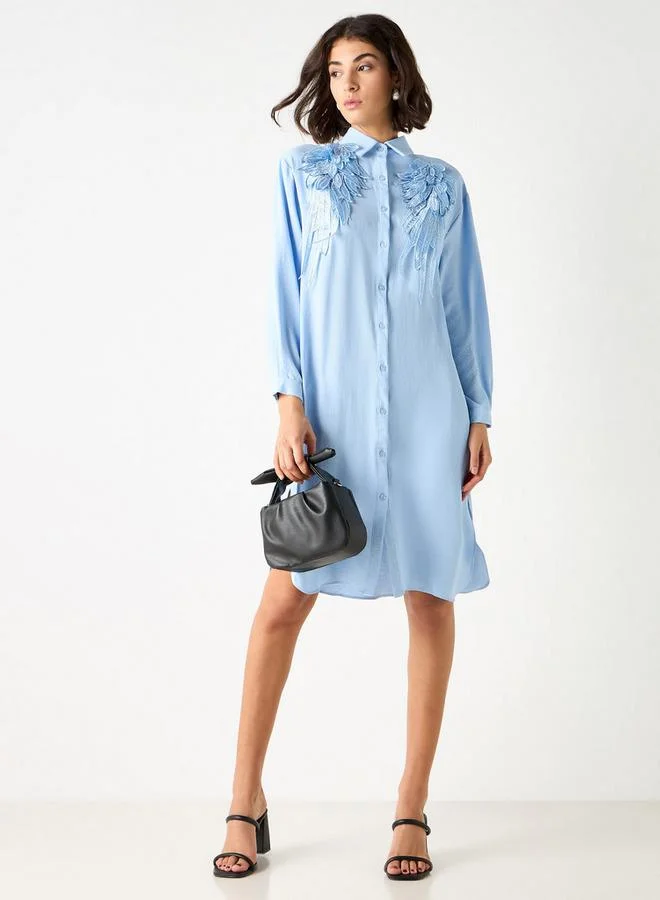 2Xtremz 2Xtremz Embellished Shirt Dress with Collar and Long Sleeves