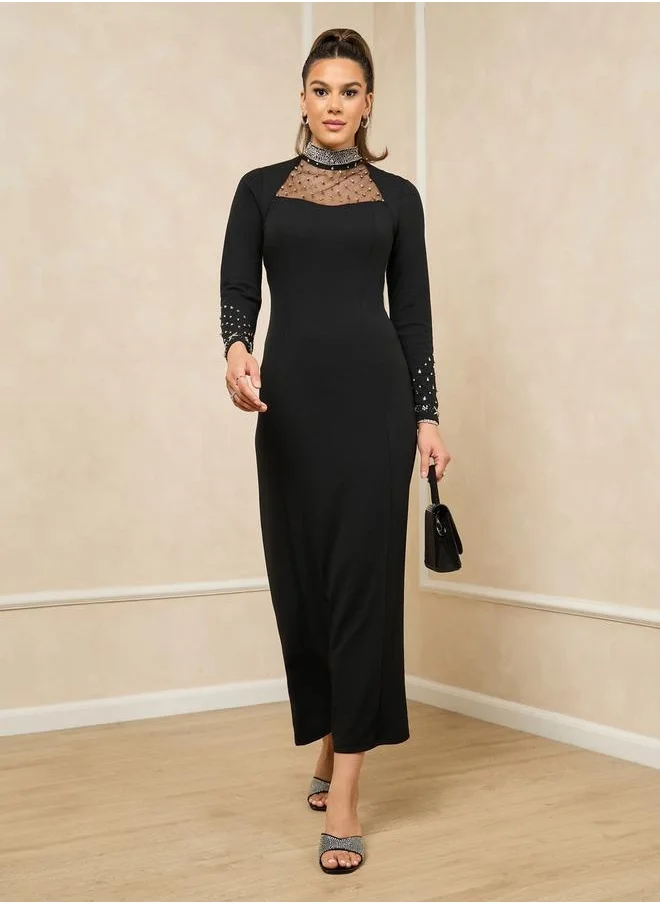 Styli Embellished Mesh Insert Hight Neck Sheath Maxi Dress