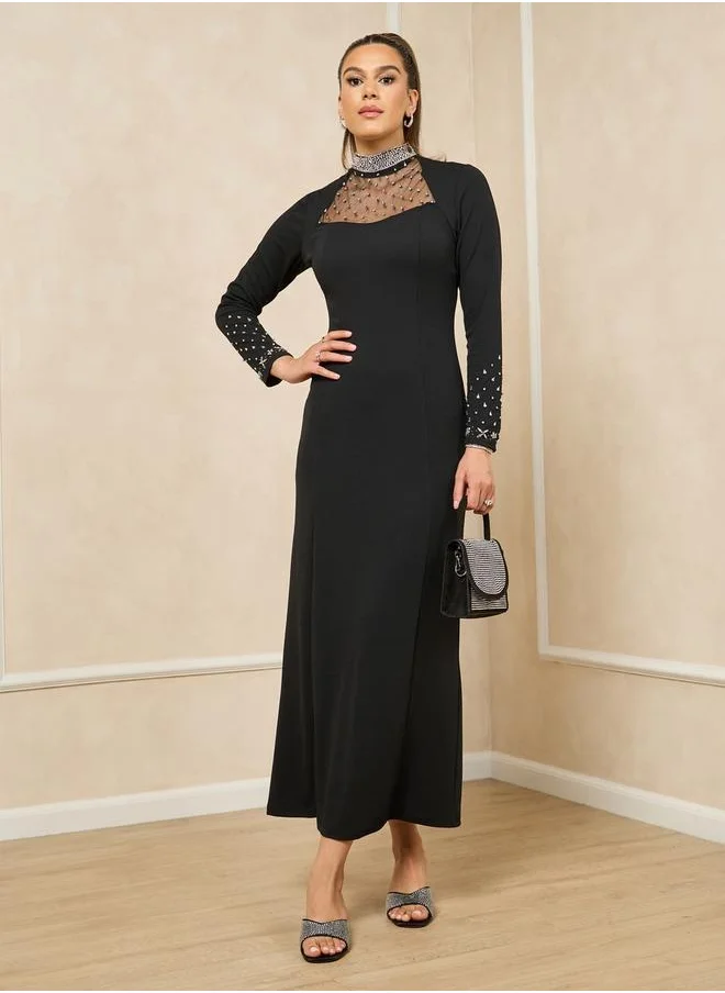 ستايلي Embellished Mesh Insert Hight Neck Sheath Maxi Dress