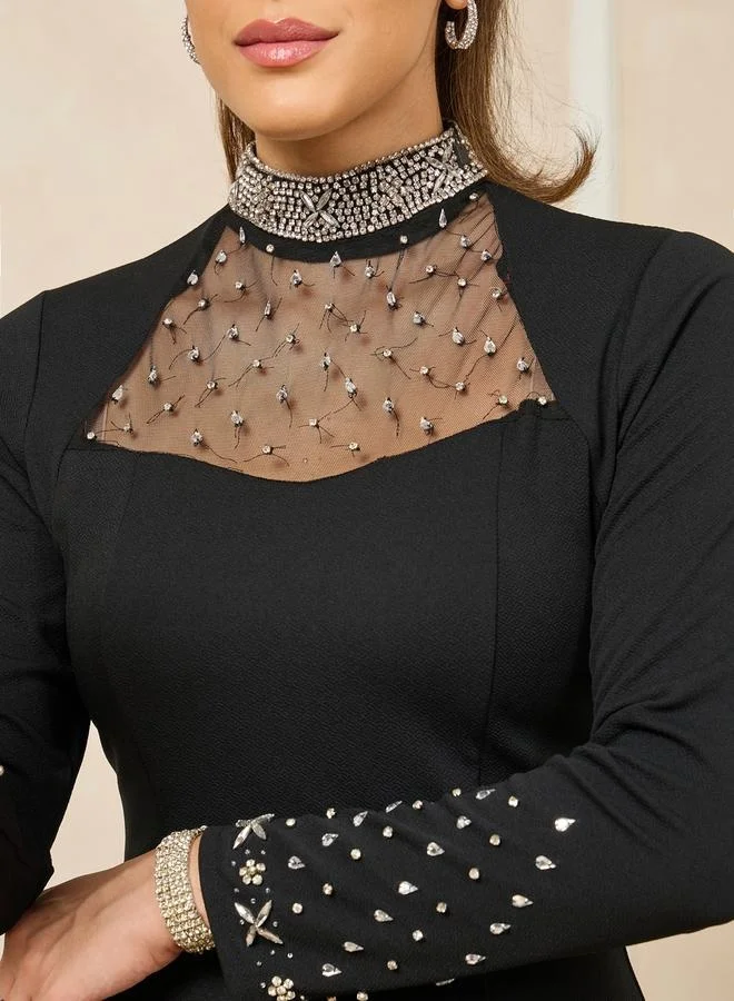 Styli Embellished Neckline Column Dress