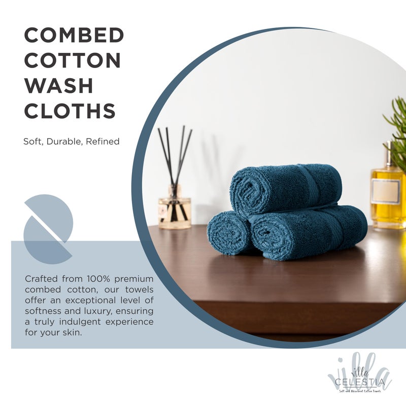 Villa Celestia 100% Cotton Wash Cloth for face & Body Set of 6, (12 x 12 inches) Sustainable, Soft, Highly Absorbent, Combed Cotton Wash Cloths Pack of 6 for Hotels, Spa, Bathroom, Dorm, Blue - Image 2