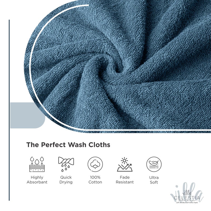 Villa Celestia 100% Cotton Wash Cloth for face & Body Set of 6, (12 x 12 inches) Sustainable, Soft, Highly Absorbent, Combed Cotton Wash Cloths Pack of 6 for Hotels, Spa, Bathroom, Dorm, Blue - Image 3