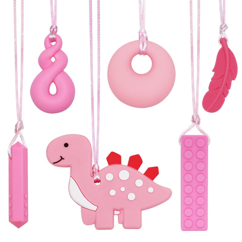 MaberryTech Direct Chew Necklace for Sensory Kids Girls, 5 Pack Chewy Necklace Sensory Chew Toys for Autistic Children or Adults with ADHD, SPD, Anxiety, Silicone Pink Dinosaur Stim Toy - BPA Free - Image 1