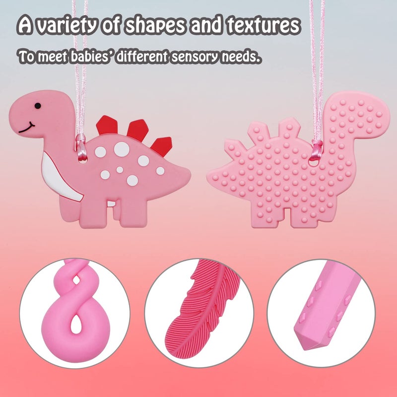 MaberryTech Direct Chew Necklace for Sensory Kids Girls, 5 Pack Chewy Necklace Sensory Chew Toys for Autistic Children or Adults with ADHD, SPD, Anxiety, Silicone Pink Dinosaur Stim Toy - BPA Free - Image 2
